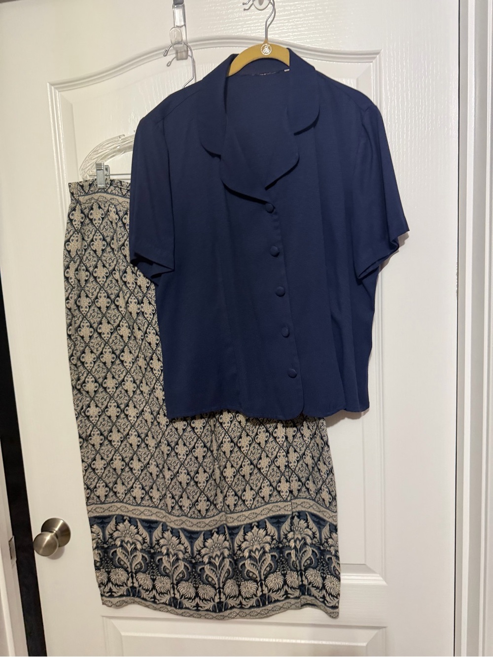 Navy Short-Sleeve Top & Patterned Maxi Skirt Set, Lg